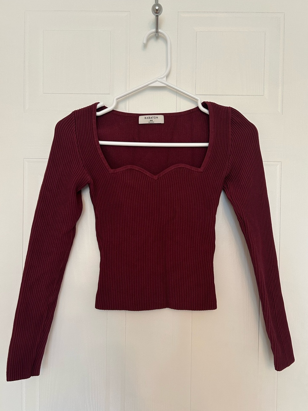 Babaton Wine Ribbed Long-Sleeve Sweetheart Neck Top - Women’s Size XXS